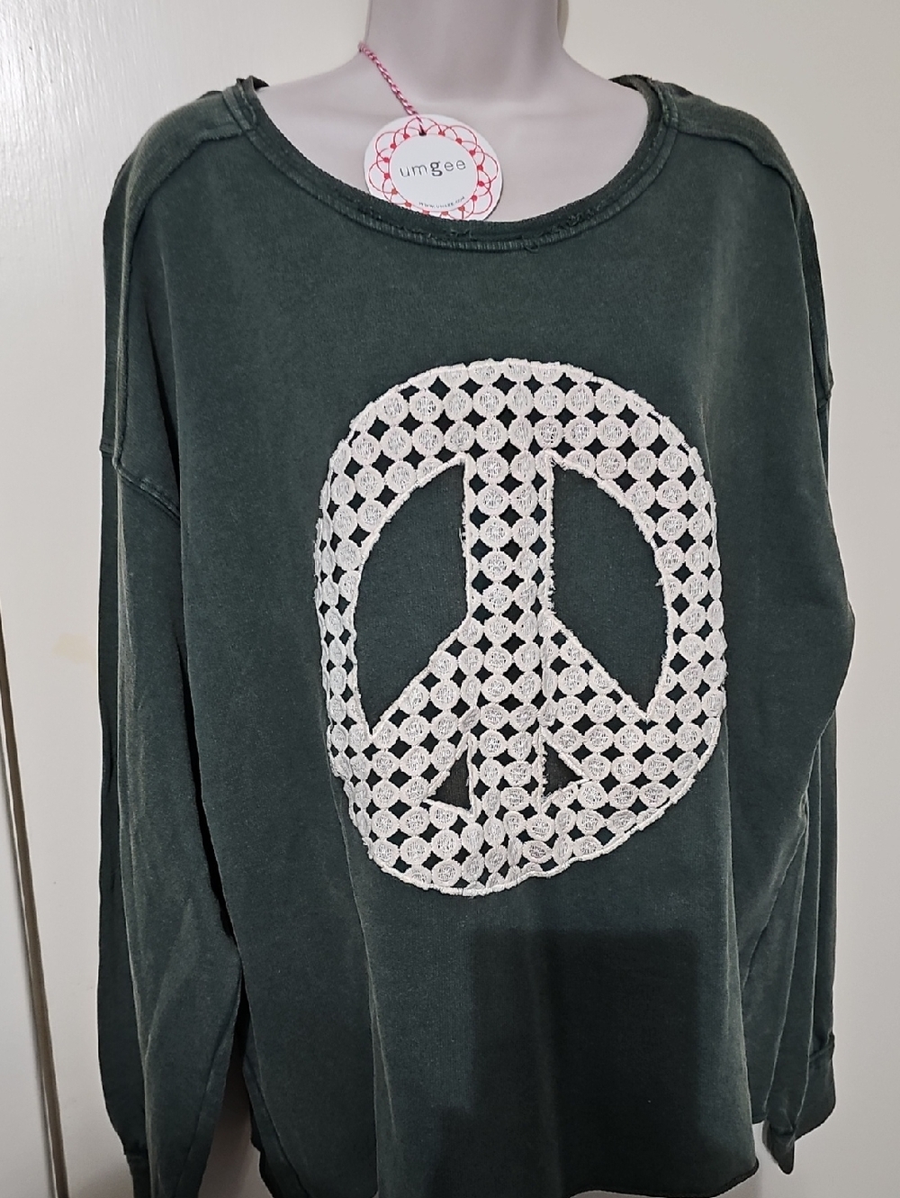 Umgee Dark Green Top with White Crochet Peace Motif